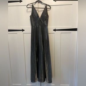 Betsy & Adam Silver Metallic V-Neck Long Dress